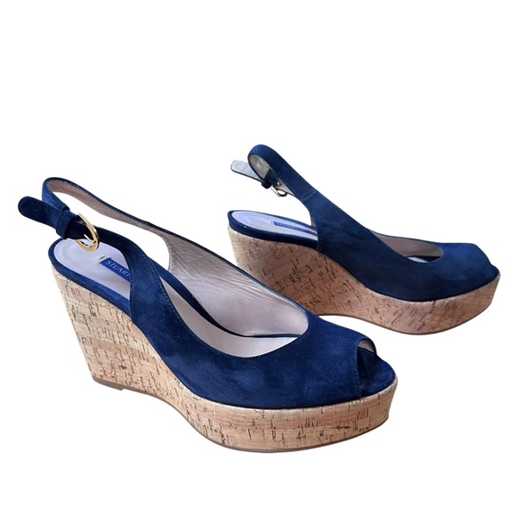 Stuart Weitzman Jean Suede Slingback Wedge Sandals Navy Blue Size 6.5 - Picture 1 of 12